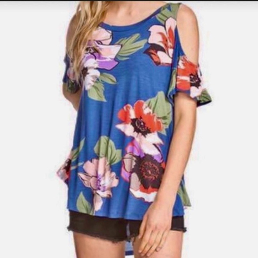 Cherish Floral Cold Shoulder High Low Top